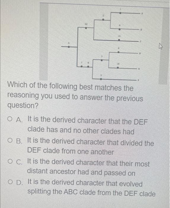 12
Which of the following best matches the
reasoning you used to answer the previous
question?
O A. It is the derived character that the DEF
clade has and no other clades had
O B. It is the derived character that divided the
DEF clade from one another
O C. It is the derived character that their most
distant ancestor had and passed on
O D. It is the derived character that evolved
splitting the ABC clade from the DEF clade
