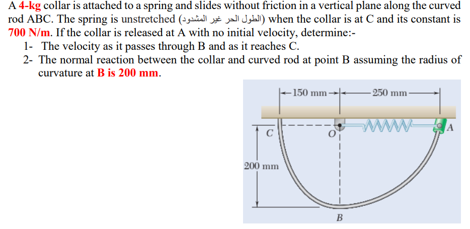 A 4-kg collar is attached to a spring and slides without friction in a vertical plane along the curved
rod ABC. The spring is unstretched (- ė jall el) when the collar is at C and its constant is
700 N/m. If the collar is released at A with no initial velocity, determine:-
1- The velocity as it passes through B and as it reaches C.
2- The normal reaction between the collar and curved rod at point B assuming the radius of
curvature at B is 200 mm.
-150 mm
- 250 mm
ww
C
200 mm
В
