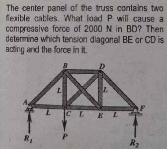 The center panel of the truss contains two
flexible cables. What load P will cause a
compressive force of 2000 N in BD? Then
determine which tension diagonal BE or CD is
acting and the force in it.
B
D
R₁
L
L
L
CLEL
P
R₂