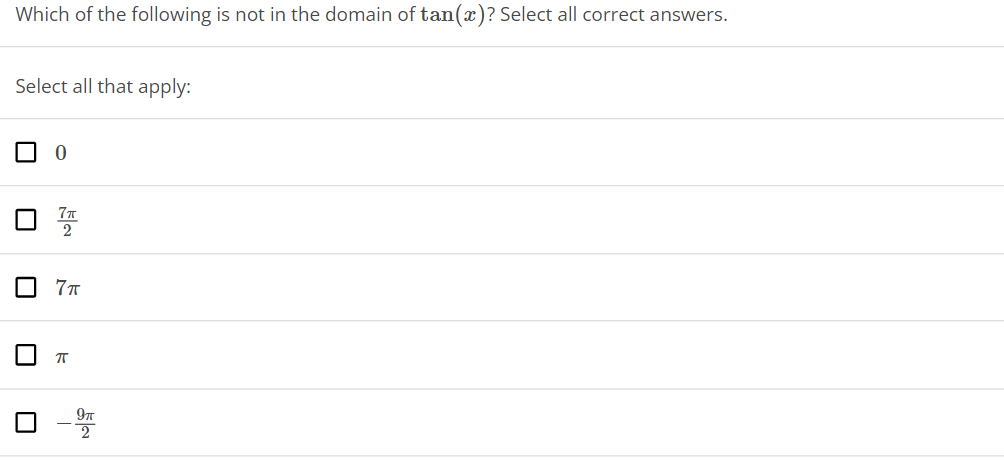 Which of the following is not in the domain of tan(x)? Select all correct answers.
Select all that apply:
U
□
U
0
2
7π
π
