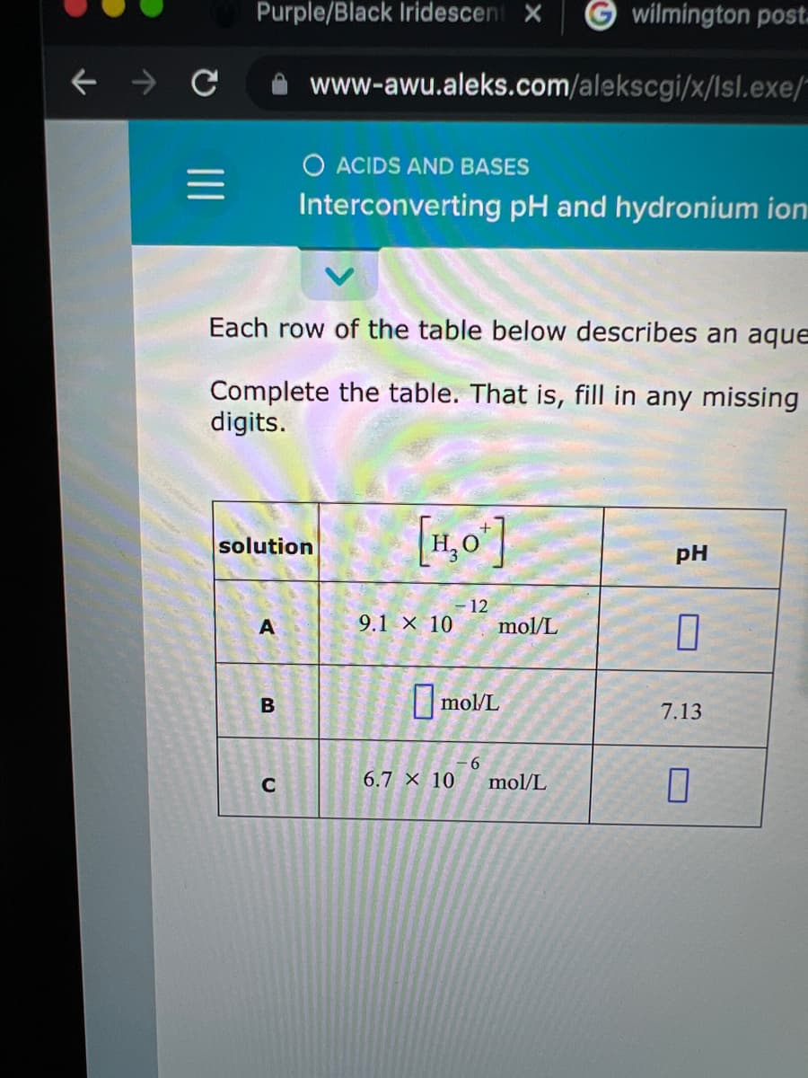 Purple/Black Iridescent X
wilmington post-
www-awu.aleks.com/alekscgi/x/lIsl.exe/
O ACIDS AND BASES
Interconverting pH and hydronium ion
Each row of the table below describes an aque
Complete the table. That is, fill in any missing
digits.
[1,0]
solution
pH
- 12
mol/L
9.1 × 10
||mol/L
7.13
9.
mol/L
C
6.7 X 10
