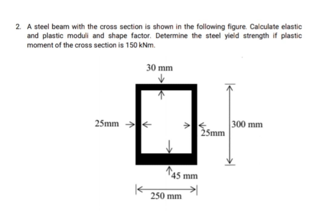 2. A steel beam with the cross section is shown in the following figure. Calculate elastic
and plastic moduli and shape factor. Determine the steel yield strength if plastic
moment of the cross section is 150 kNm.
30 mm
25mm →
300 mm
25mm
T45 mm
250 mm
