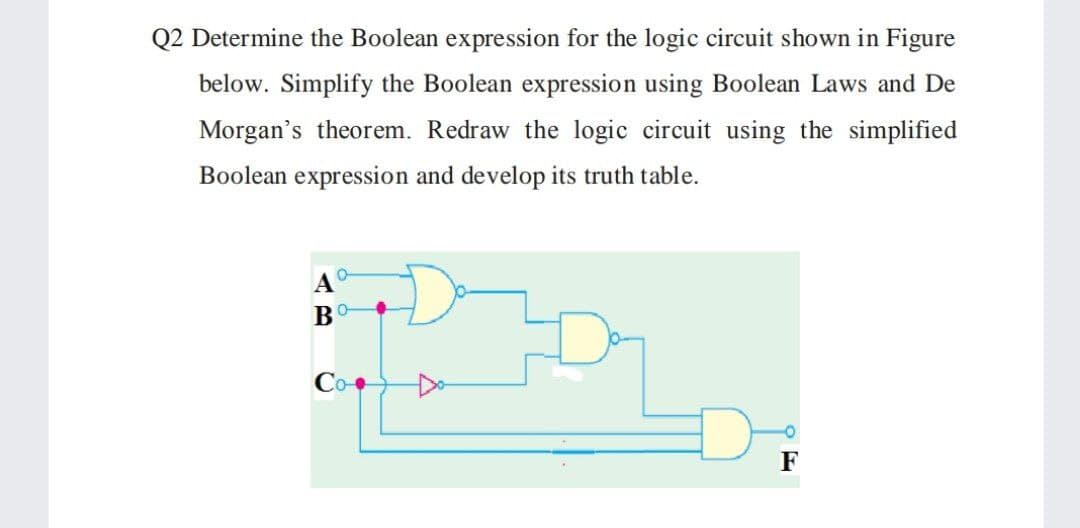 Q2 Determine the Boolean expression for the logic circuit shown in Figure
below. Simplify the Boolean expression using Boolean Laws and De
Morgan's theorem. Redraw the logic circuit using the simplified
Boolean expression and develop its truth table.
A
Co-
F
