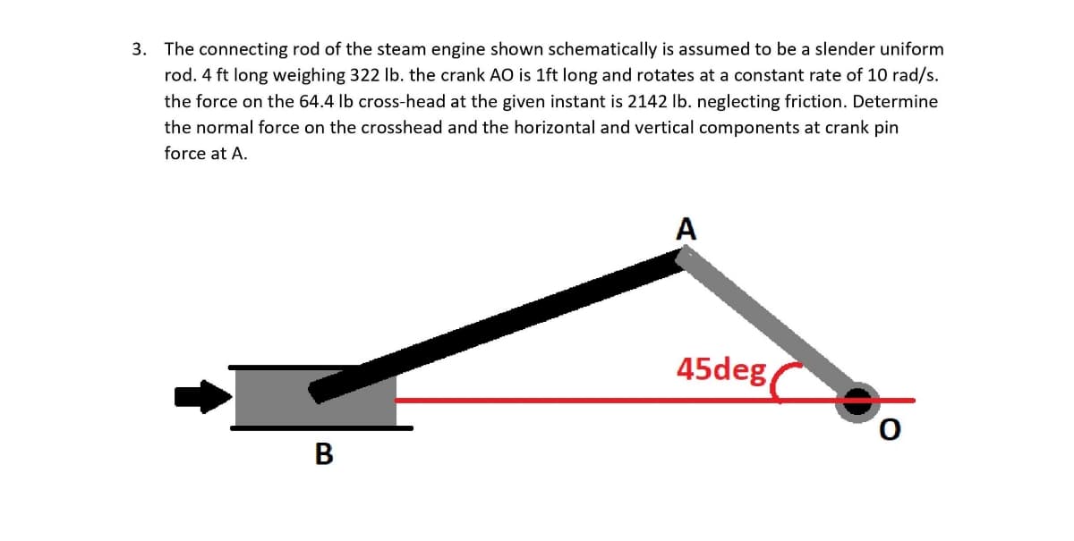 3. The connecting rod of the steam engine shown schematically is assumed to be a slender uniform
rod. 4 ft long weighing 322 Ib. the crank AO is 1ft long and rotates at a constant rate of 10 rad/s.
the force on the 64.4 Ib cross-head at the given instant is 2142 Ib. neglecting friction. Determine
the normal force on the crosshead and the horizontal and vertical components at crank pin
force at A.
А
45deg
В

