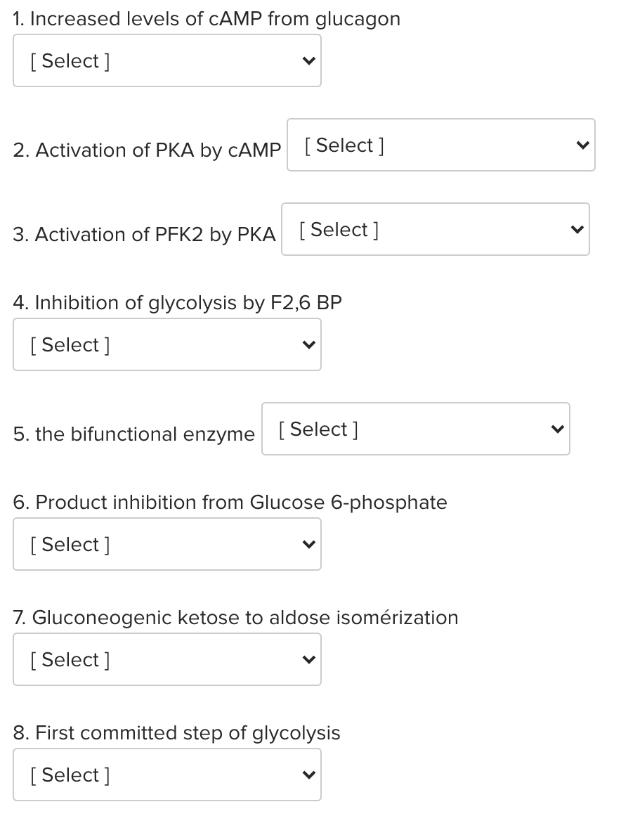 1. Increased levels of CAMP from glucagon
[ Select ]
2. Activation of PKA by CAMP [ Select ]
3. Activation of PFK2 by PKA [ Select ]
4. Inhibition of glycolysis by F2,6 BP
[ Select ]
5. the bifunctional enzyme [Select]
6. Product inhibition from Glucose 6-phosphate
[ Select ]
7. Gluconeogenic ketose to aldose isomérization
[ Select ]
8. First committed step of glycolysis
[ Select ]
>
>
