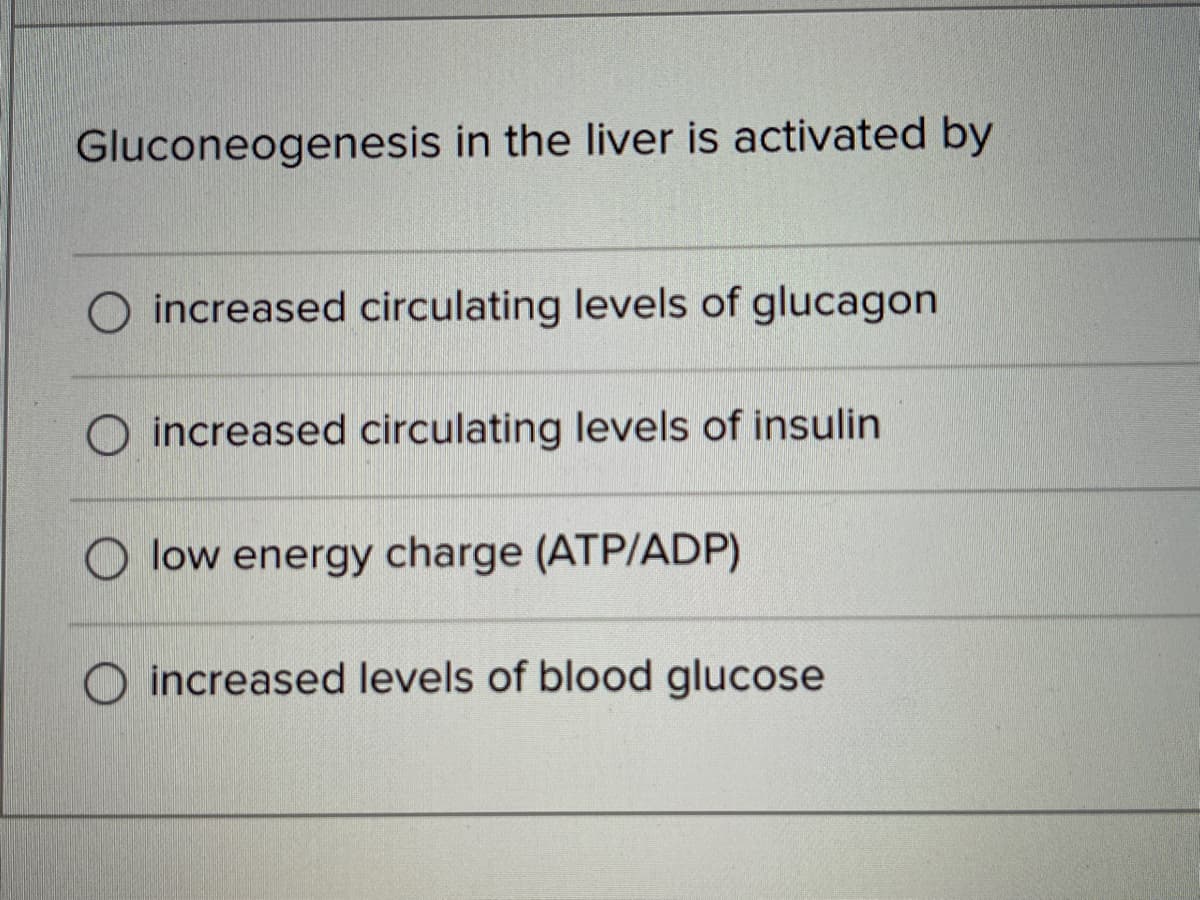 Gluconeogenesis in the liver is activated by
O increased circulating levels of glucagon
O increased circulating levels of insulin
O low energy charge (ATP/ADP)
O increased levels of blood glucose