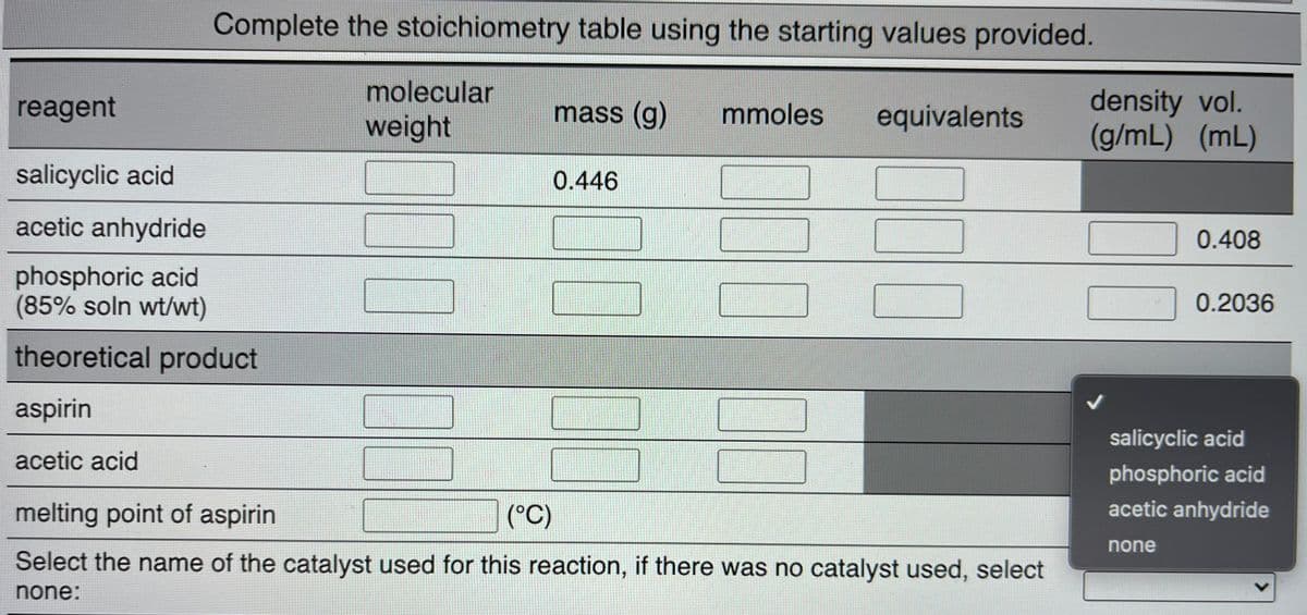 Complete the stoichiometry table using the starting values provided.
molecular
density vol.
(g/mL) (mL)
reagent
weight
mass (g)
mmoles
equivalents
salicyclic acid
0.446
acetic anhydride
0.408
phosphoric acid
(85% soln wt/wt)
0.2036
theoretical product
aspirin
salicyclic acid
acetic acid
phosphoric acid
melting point of aspirin
(°C)
acetic anhydride
none
Select the name of the catalyst used for this reaction, if there was no catalyst used, select
none:
