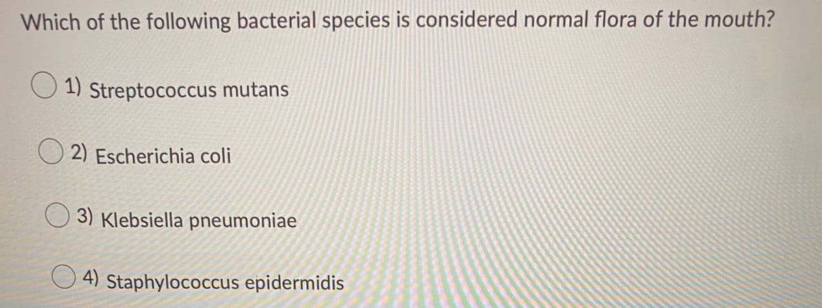Which of the following bacterial species is considered normal flora of the mouth?
O 1) Streptococcus mutans
2) Escherichia coli
3) Klebsiella pneumoniae
4) Staphylococcus epidermidis
