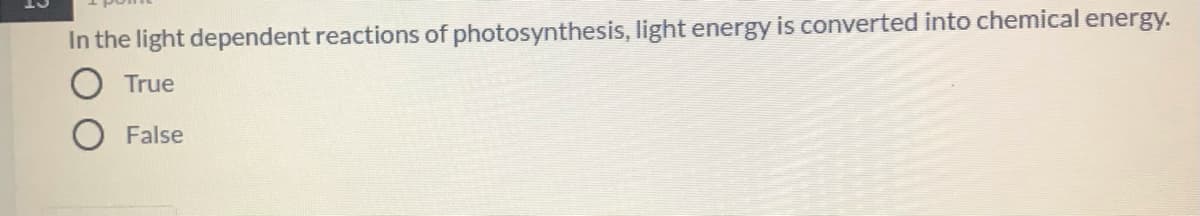 In the light dependent reactions of photosynthesis, light energy is converted into chemical energy.
True
False
