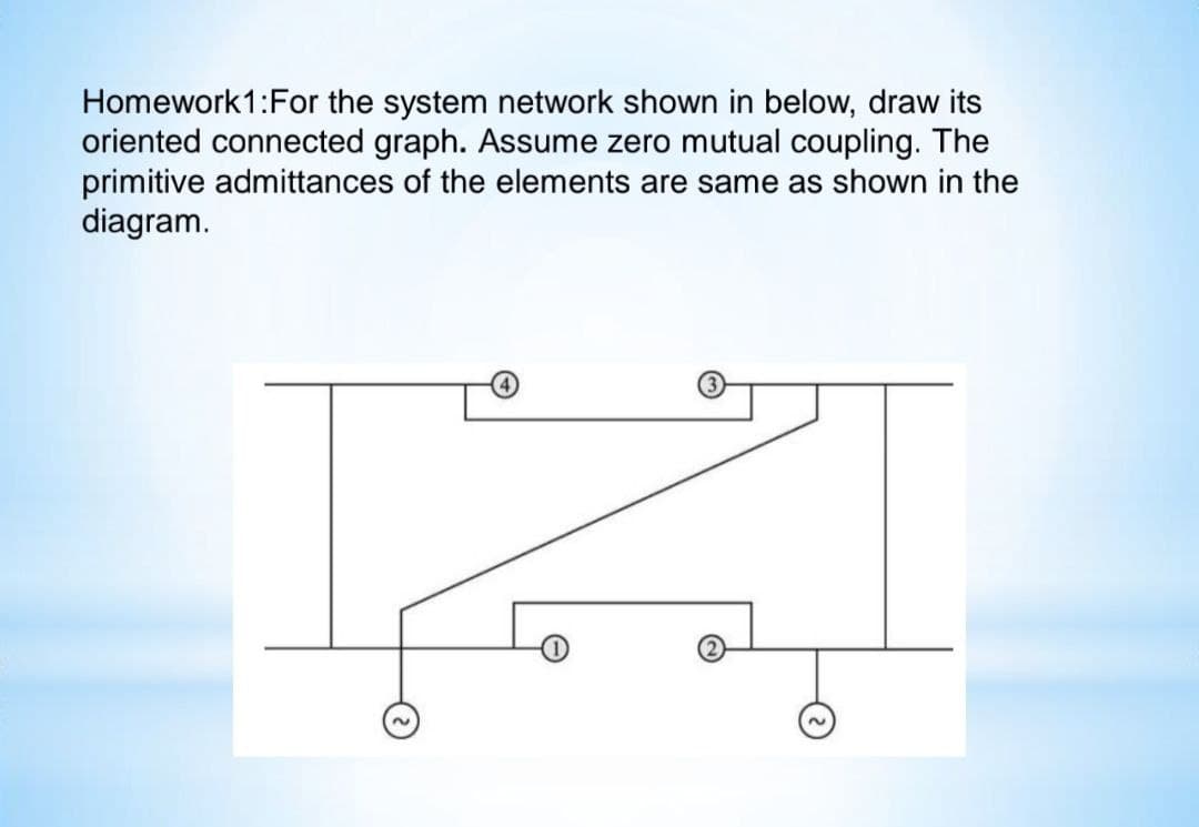 Homework 1: For the system network shown in below, draw its
oriented connected graph. Assume zero mutual coupling. The
primitive admittances of the elements are same as shown in the
diagram.
A