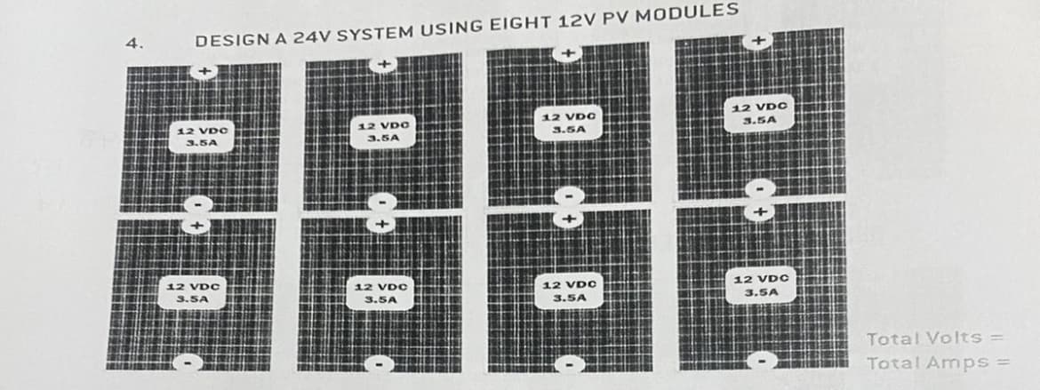DESIGN A 24V SYSTEM USING EIGHT 12V PV MODULES
12 VDC
3.5A
12 VDC
3.5A
12 VDC
3.5A
12 VDC
3.5A
8
12 VDC
12 VDC
3.5A
3.5A
12 VDC
3.5A
12 VDC
3.5A
Total Volts =
Total Amps =