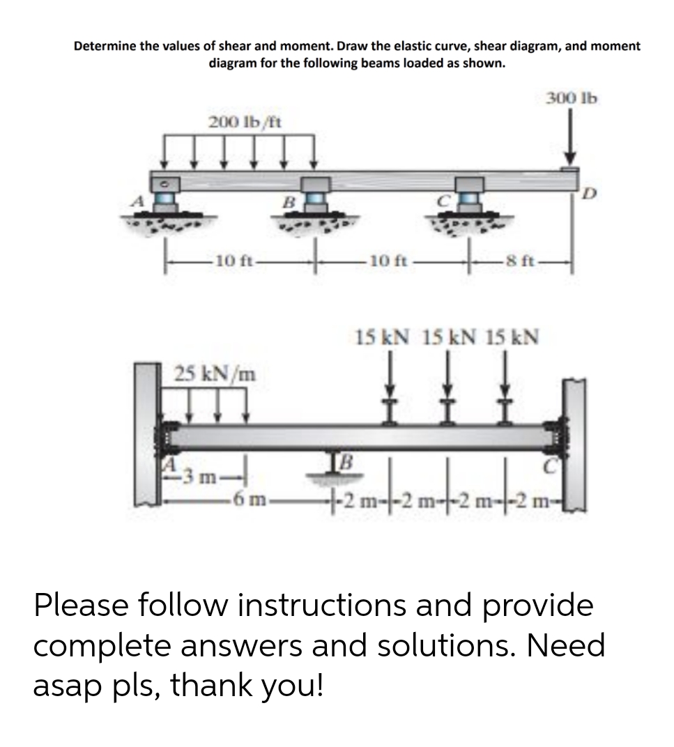Determine the values of shear and moment. Draw the elastic curve, shear diagram, and moment
diagram for the following beams loaded as shown.
300 lb
200 lb/ft
-10 ft-
-10 ft
8 ft
15 kN 15 kN 15 kN
25 kN/m
#
2 m--21
Please follow instructions and provide
complete answers and solutions. Need
asap pls, thank you!
B
--2 m--2 m--2 m--2 m-
