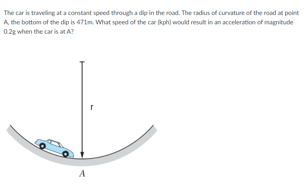 The car is traveling at a constant speed through a dip in the road. The radius of curvature of the road at point
A, the bottom of the dip is 471m. What speed of the car (kph) would result in an acceleration of magnitude
0.2g when the car is at A?
r
A

