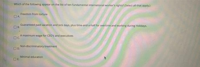 Which of the following appear on the list of ten fundamental international worker's rights? (Select all that apply.)
Freedom from torture
OA
Guaranteed paid vacation and sick days, plus time-and-a-half for overtime and working during Holidays.
A maximum wage for CEO's and executives
Dc.
Non-discriminatory treatrment
OD.
Minimal education
DE
