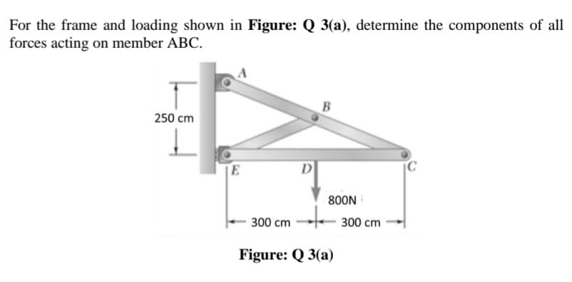 For the frame and loading shown in Figure: Q 3(a), determine the components of all
forces acting on member ABC.
B
250 cm
E
D
C
800N
300 cm
300 cm
Figure: Q 3(a)

