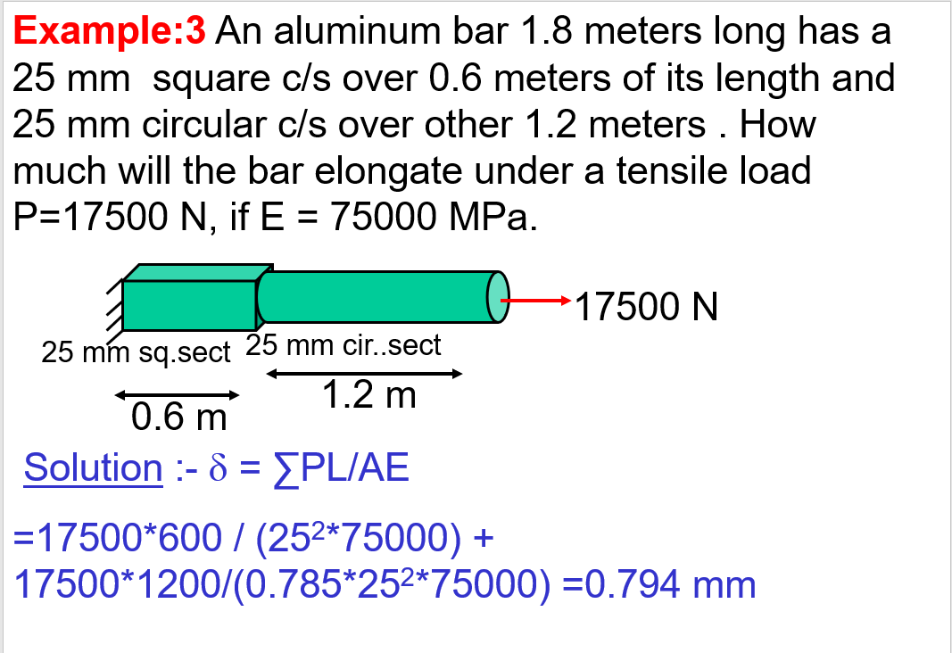Example:3 An aluminum bar 1.8 meters long has a
25 mm square c/s over 0.6 meters of its length and
25 mm circular c/s over other 1.2 meters . How
much will the bar elongate under a tensile load
P=17500 N, if E = 75000 MPa.
17500 N
25 mm sq.sect 25 mm cir..sect
1.2 m
0.6 m
Solution :- 8 = EPL/AE
=17500*600 / (252*75000) +
17500*1200/(0.785*252*75000) =0.794 mm
