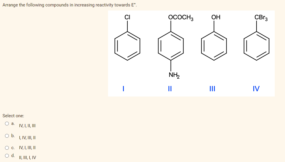 Arrange the following compounds in increasing reactivity towards E*.
CI
Select one:
O a.
O b.
O c.
d.
IV, I, II, III
I, IV, III, II
IV, I, III, ||
II, III, I, IV
|
OCOCH 3
NH₂
II
OH
|||
CBr3
IV