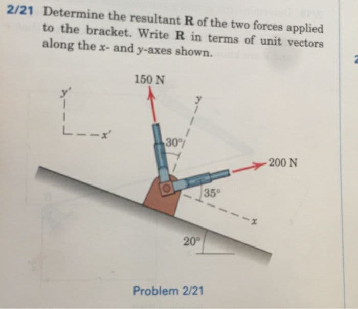 2/21 Determine the resultant R of the two forces applied
to the bracket. Write R in terms of unit vectors
along the x- and y-axes shown.
150 N
L--x'
30
200 N
35°
20°
Problem 2/21
