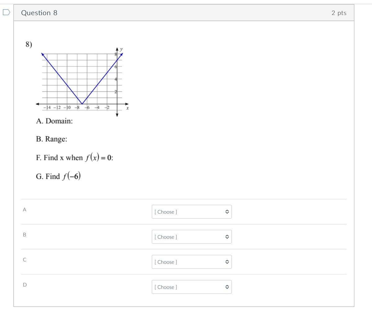 Question 8
8)
A
B
-14 -12 -10 8 6 4 2
A. Domain:
B. Range:
F. Find x when f(x) = 0:
G. Find f(-6)
X
[Choose ]
[Choose ]
[Choose ]
[Choose ]
<>
<>
()
2 pts