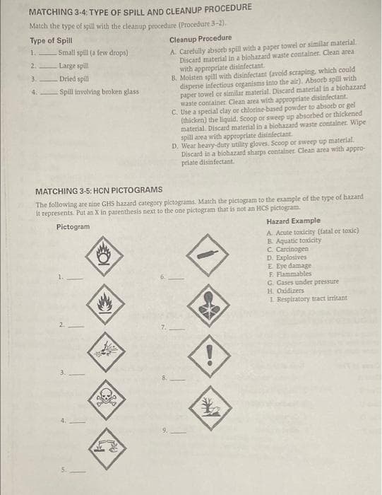 MATCHING 3-4: TYPE OF SPILL AND CLEANUP PROCEDURE
Match the type of spill with the cleanup procedure (Procedure 3-2).
Type of Spill
Cleanup Procedure
A. Carefully absorb spill with a paper towel or similar material.
Discard material in a biohazard waste container. Clean area
with appropriate disinfectant.
B. Moisten spill with disinfectant (avold scraping, which could
disperse infectious organisms into the air). Absorb spill with
paper towel or similar material. Discard materlal in a biohazard
waste container Clean area with appropriate disinfectant.
C. Use a special clay or chlorine-based powder to absorb or gel
(thicken) the liquid. Scoop or sweep up absorbed or thickened
material. Discard material in a biohazard waste contalner. Wipe
spill area with appropriate disinfectant.
D. Wear heavy-duty utility gloves. Scoop or sweep up material.
Discard in a biohazard sharps container. Clean area with appro-
priate disinfectant.
Small spill (a few drops)
Large spill
Dried spill
1.
2.
3.
4.
Spill involving broken glass
MATCHING 3-5: HCN PICTOGRAMS
The following are nine GHS hazard category pictograms. Match the pictogram to the example of the type of hazard
it represents. Put an X in parenthesis next to the one pictogram that is not an HCS pictogram.
Pictogram
Hazard Example
A. Acute toxicity (fatal or toxic)
E Aquatic toxicity
C. Carcinogen
D. Explosives
E Eye damage
F. Flammables
G. Gases under pressure
H. Oxidizers
1 Respiratory tract iritant
1.
6.
2.
9.
