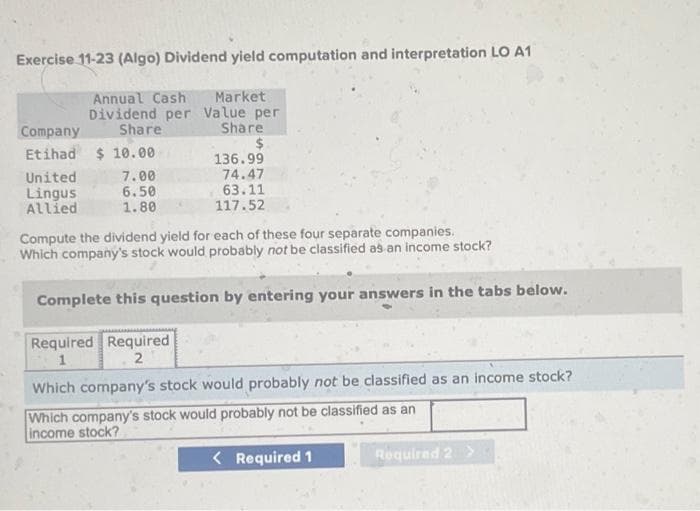 Exercise 11-23 (Algo) Dividend yield computation and interpretation LO A1
Annual Cash Market
Dividend per Value per
Share
Share
$
Company
Etihad $10.00
United
Lingus
Allied
7.00
6.50
1.80
136.99
74.47
63.11
117.52
Compute the dividend yield for each of these four separate companies.
Which company's stock would probably not be classified as an income stock?
Complete this question by entering your answers in the tabs below.
Required Required
1
2
Which company's stock would probably not be classified as an income stock?
Which company's stock would probably not be classified as an
income stock?
< Required 1
Required 2