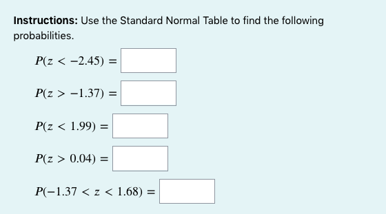 Instructions: Use the Standard Normal Table to find the following
probabilities.
P(z < -2.45) =
P(z > -1.37) =
P(z < 1.99) =
P(z > 0.04) =
P(-1.37 < z < 1.68) =
