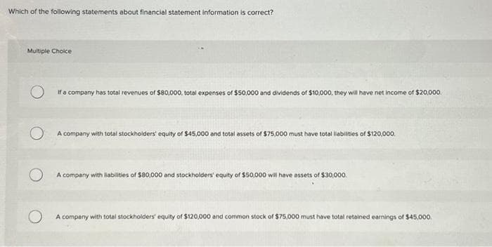 Which of the following statements about financial statement information is correct?
Multiple Choice
O
If a company has total revenues of $80,000, total expenses of $50,000 and dividends of $10,000, they will have net income of $20,000.
O
A company with total stockholders' equity of $45,000 and total assets of $75,000 must have total liabilities of $120,000.
A company with liabilities of $80,000 and stockholders' equity of $50,000 will have assets of $30,000.
O
A company with total stockholders' equity of $120,000 and common stock of $75,000 must have total retained earnings of $45,000.