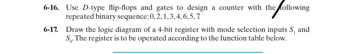 6-16. Use D-type flip-flops and gates to design a counter with the following
repeated binary sequence: 0, 2, 1,3, 4, 6, 5, 7.
6-17. Draw the logic diagram of a 4-bit register with mode selection inputs S, and
S. The register is to be operated according to the function table below.