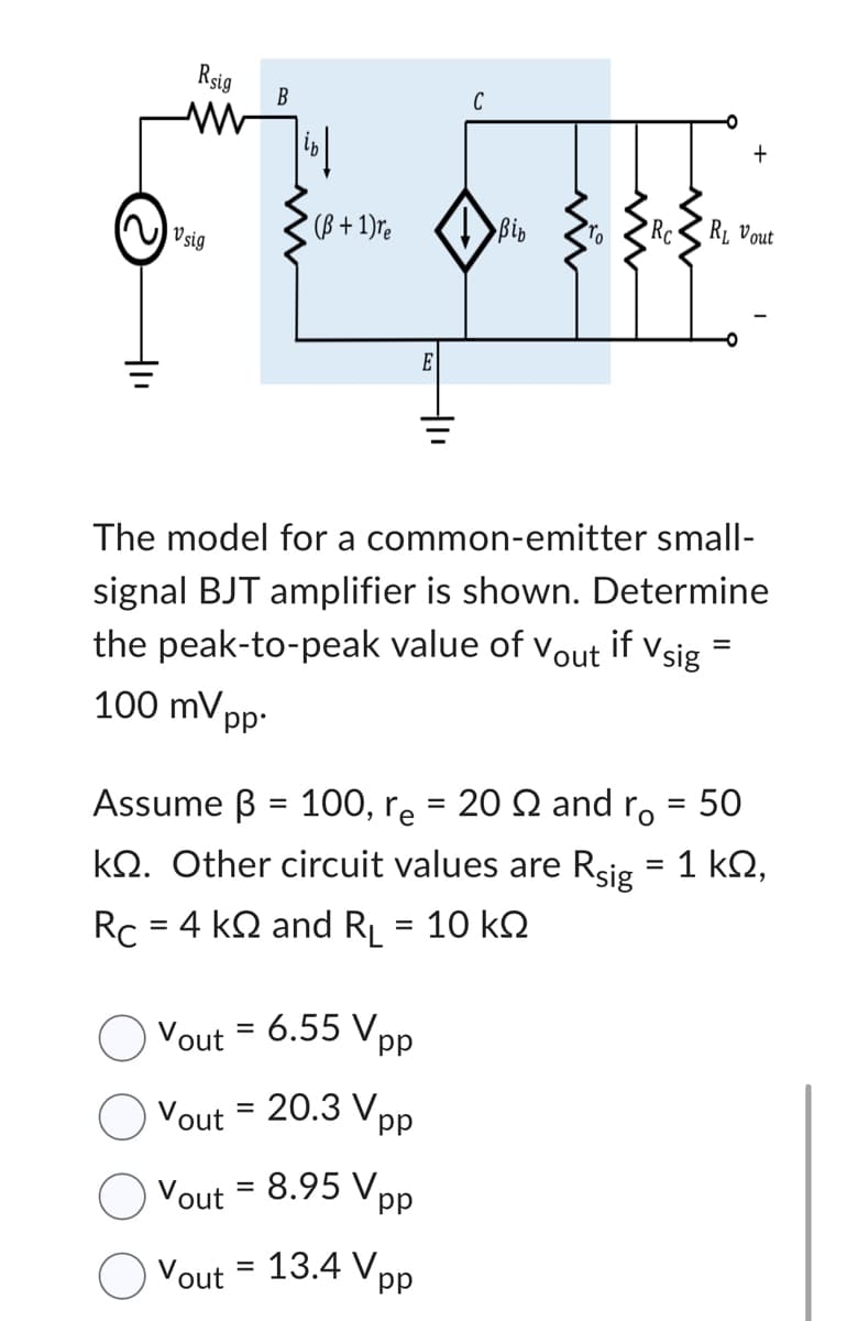 Rsig
Vsig
Rc
pp.
Assume B
B
(B+1) re
=
40
C
Vout = 6.55 Vpp
Vout = 20.3 Vpp
Vout = 8.95 Vpp
Vout = 13.4 Vpp
Bib
The model for a common-emitter small-
signal BJT amplifier is shown. Determine
the peak-to-peak value of Vout if Vsig
100 mV
ww
www
Rc R₁ Vout
100, re = 20 Q and r
ks. Other circuit values are Rsig = 1 kQ,
= 4 k and R₁ = 10 k
+
=
=
50