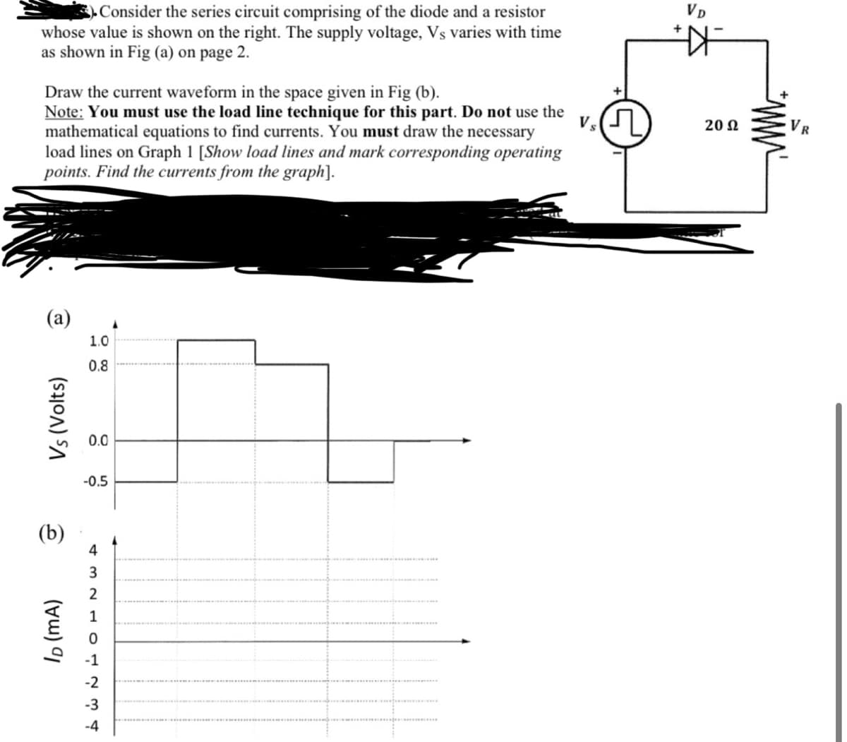 ). Consider the series circuit comprising of the diode and a resistor
whose value is shown on the right. The supply voltage, Vs varies with time
as shown in Fig (a) on page 2.
Draw the current waveform in the space given in Fig (b).
Note: You must use the load line technique for this part. Do not use the
mathematical equations to find currents. You must draw the necessary
load lines on Graph 1 [Show load lines and mark corresponding operating
points. Find the currents from the graph].
(a)
Vs (Volts)
(b)
ID (mA)
1.0
0.8
0.0
-0.5
43214
0
-1
-2
-3
-4
Vs
(n
VD
*
20 Ω
VR