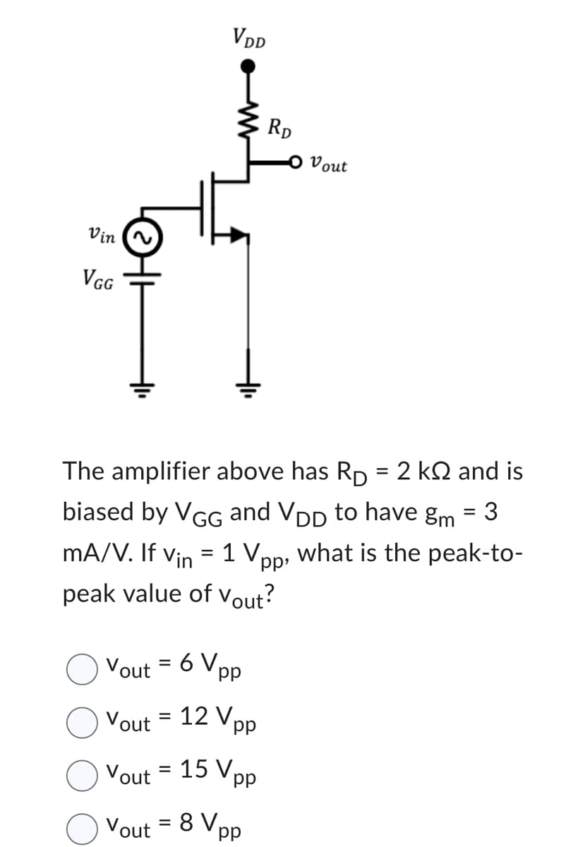 Vin
VGG
VDD
RD
Vout = 6 Vpp
Vout = 12 Vpp
Vout = 15 Vpp
Vout = 8 Vpp
Vout
The amplifier above has Rp = 2 ks and is
biased by VGG and VDD to have gm
mA/V. If Vin 1 V, what is the peak-to-
pp'
peak value of Vout?
=
3