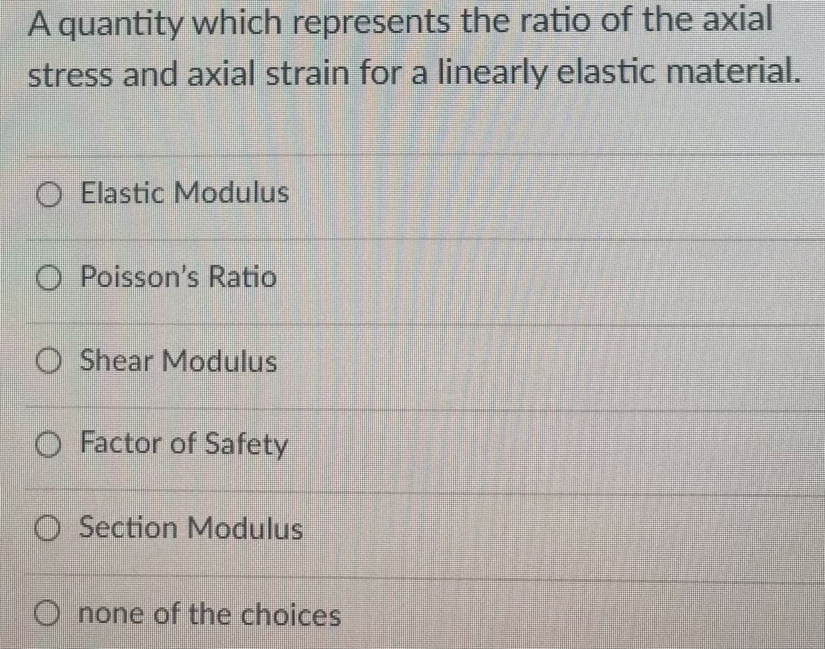 A quantity which represents the ratio of the axial
stress and axial strain for a linearly elastic material.
Elastic Modulus
Poisson's Ratio
O Shear Modulus
O Factor of Safety
O Section Modulus
Onone of the choices