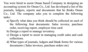 You were hired to assist Oman based Company in designing an
accounting system for Oman Co., Ltd. has developed a list of the
journals, ledgers, reports and documents that he thinks Oman
Co., Ltd. The company asks you to complete the following
tasks:
a) Specify what data you think should be collected on each of
the following four documents: Sales invoice, purchase
order, receiving report, employee time card.
b) Design a report to manage inventory.
e) Design a report to assist in managing credit sales and cash
collections.
d) What types of journals, ledgers and blank forms for various
documents ( Sales invoices, purchase orders etc)
