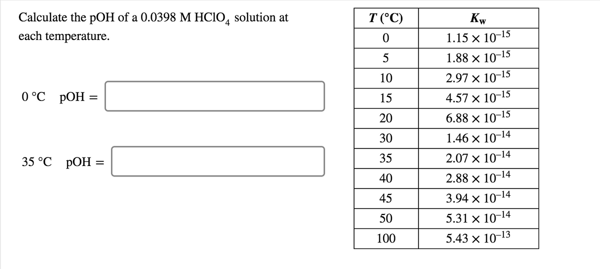Calculate the pOH of a 0.0398 M HCIO, solution at
T (°C)
Kw
each temperature.
1.15 × 10-15
5
1.88 x 10-15
10
2.97 х 10-15
0 °C
РОН
15
4.57 x 10-15
20
6.88 x 10-15
30
1.46 x 10-14
35°С рОН -
35
2.07 x 10-14
-14
40
2.88 x 10
45
3.94 x 10-14
50
5.31 х 10-
-14
100
5.43 х 10-13
