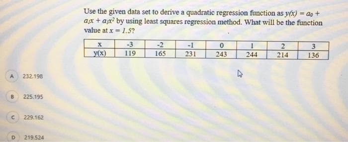 Use the given data set to derive a quadratic regression function as y(x) = do +
ax + ax? by using least squares regression method. What will be the function
value at x = 1.5?
%3D
-3
119
-2
-1
y(x)
231
244
214
3
136
165
243
A
232.198
B
225.195
229.162
219.524
