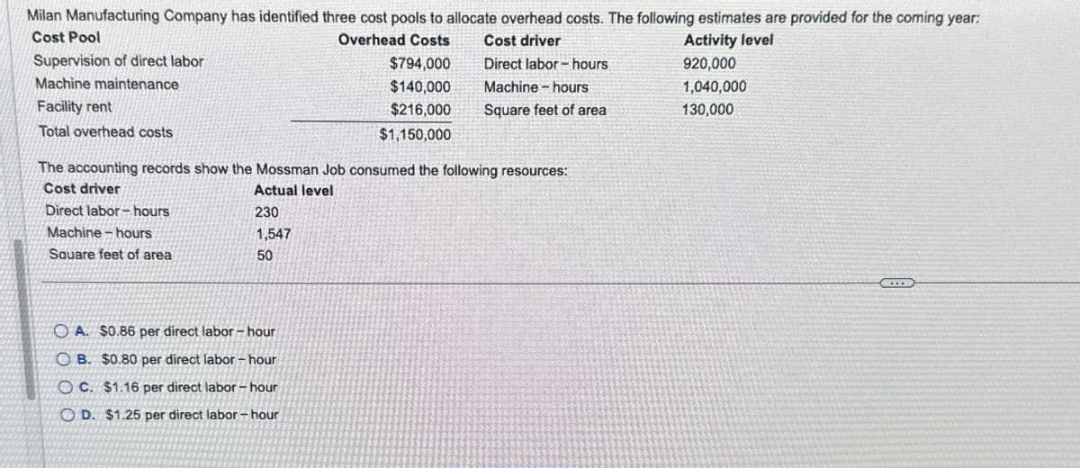 Milan Manufacturing Company has identified three cost pools to allocate overhead costs. The following estimates are provided for the coming year:
Cost Pool
Supervision of direct labor
Machine maintenance
Facility rent
Total overhead costs
Cost driver
Activity level
920,000
Overhead Costs
$794,000
Direct labor-hours
$140,000
Machine-hours
1,040,000
$216,000
$1,150,000
Square feet of area
130,000
The accounting records show the Mossman Job consumed the following resources:
Cost driver
Actual level
Direct labor-hours
230
Machine-hours
1,547
Square feet of area
50
OA. $0.86 per direct labor-hour
OB. $0.80 per direct labor-hour
OC. $1.16 per direct labor-hour
OD. $1.25 per direct labor - hour