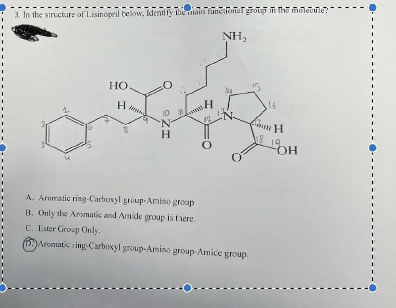 3. In the structure of Lisinopril below, Identify the main functional group in the molecule?
NH2
G
HO
14
5
H
H
16
8
ZH
10 11
N
H
18
19
OH
A. Aromatic ring-Carboxyl group-Amino group
B. Only the Aromatic and Amide group is there.
C. Ester Group Only.
B. Aromatic ring-Carboxyl group-Amino group-Amide group.