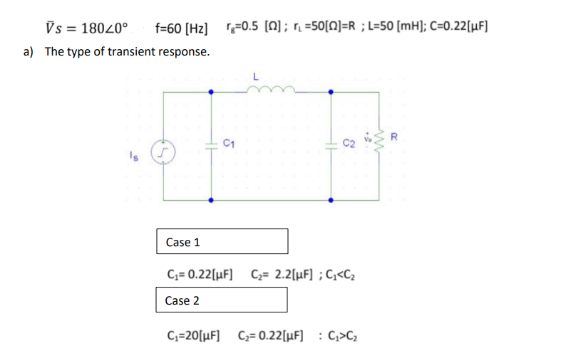 Vs = 18020°
f=60 [Hz] =0.5 (N]; r =50[N]=R ; L=50 [mH]; C=0.22[µF]
a) The type of transient response.
L
R
C1
Is
Case 1
C;= 0.22[µF] C;= 2.2[µF] ; C;<C2
Case 2
C;=20[µF] C;= 0.22[µF] : C;>C2
