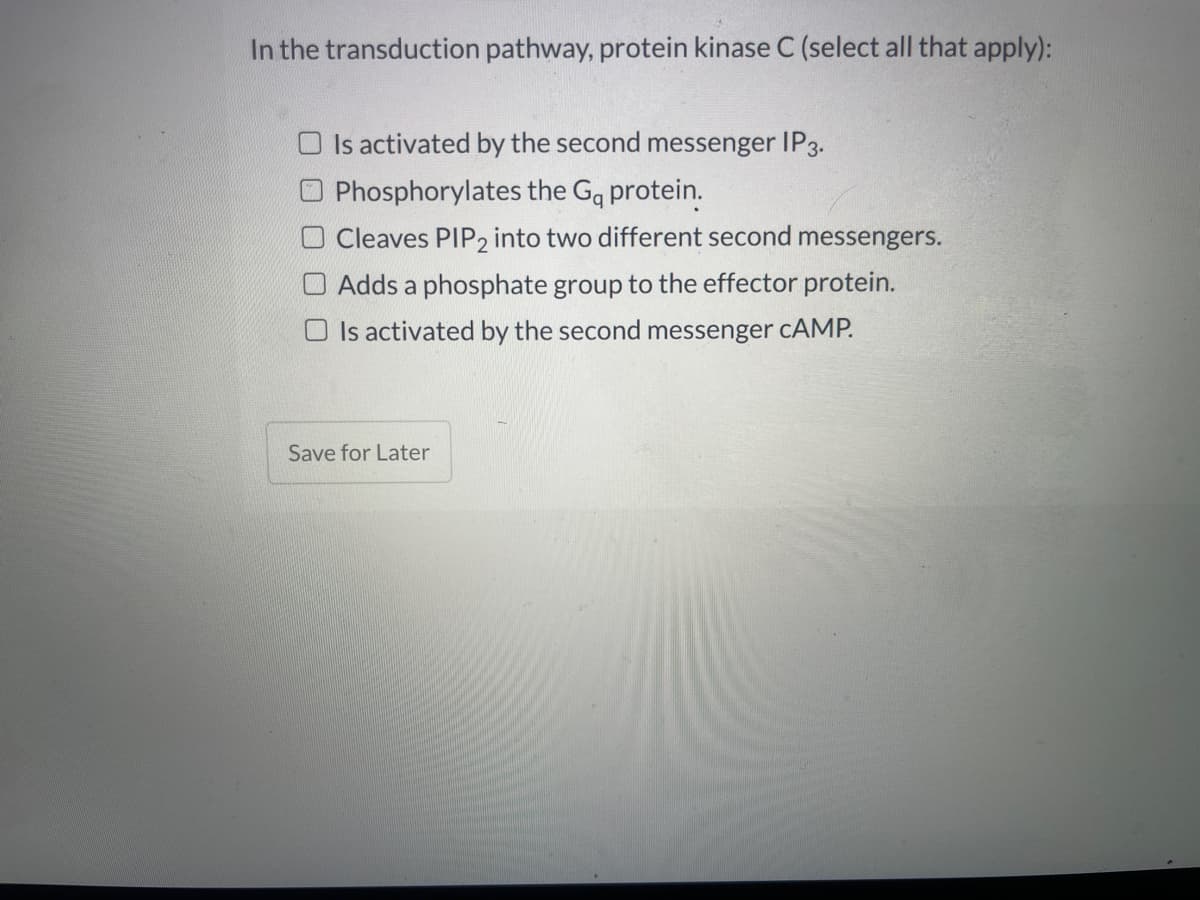 In the transduction pathway, protein kinase C (select all that apply):
O Is activated by the second messenger IP3.
Phosphorylates the Gq protein.
Cleaves PIP2 into two different second messengers.
Adds a phosphate group to the effector protein.
O Is activated by the second messenger CAMP.
Save for Later