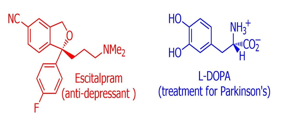NC
НО.
NH;*
NMe2
HO
H.
L-DOPA
Escitalpram
(anti-depressant )
F
(treatment for Parkinson's)
