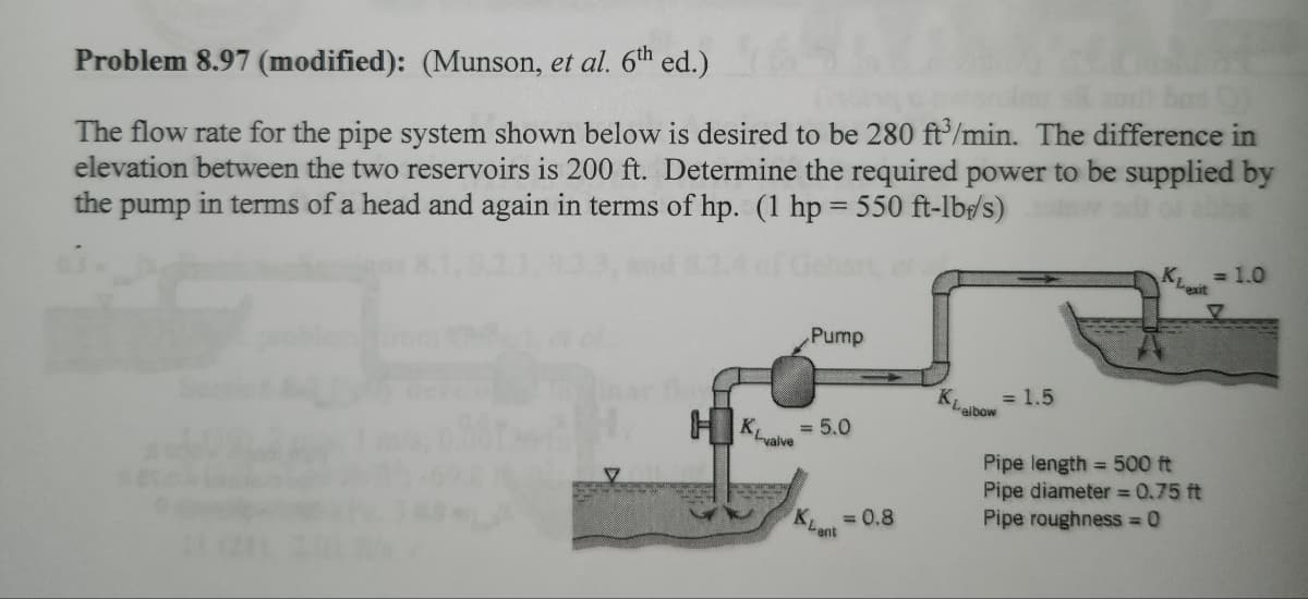 Problem 8.97 (modified): (Munson, et al. 6th ed.)
The flow rate for the pipe system shown below is desired to be 280 ft³/min. The difference in
elevation between the two reservoirs is 200 ft. Determine the required power to be supplied by
the pump in terms of a head and again in terms of hp. (1 hp = 550 ft-lb/s)
HK valve
Pump
= 5.0
KLent
= 0.8
KL albow
= 1.5
K₁
= 1.0
exit
Pipe length = 500 ft
Pipe diameter = 0.75 ft
Pipe roughness = 0