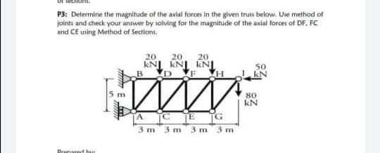 P3: Determine the magnitude of the axial forces in the given truss below. Ure method of
joints and check your answer by solving for the magnitude of the axial forces of DF, FC
and CE using Method of Sections.
20
20
20
kNI kNI kN
5 m
80
kN
ACTE
G.
3 m
3 m
3 m 3 m
Prenarad hM
