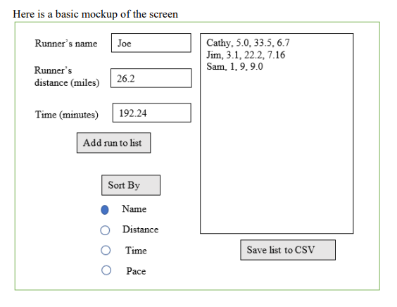 Here is a basic mockup of the screen
Runner's name Joe
Runner's
distance (miles)
Time (minutes)
26.2
192.24
Add run to list
Sort By
Name
Distance
O Time
Pace
Cathy, 5.0, 33.5, 6.7
Jim, 3.1, 22.2, 7.16
Sam, 1, 9,9.0
Save list to CSV