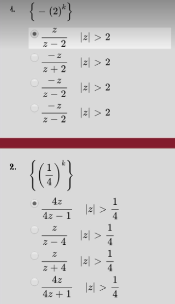 { - (2)}
1.
|지 > 2
z – 2
|리 > 2
z + 2
|리 > 2
- Z
|리 > 2
z – 2
{(4)'}
2.
4z
|z|
4z – 1
|리 >
4
z + 4
4
4z
4z + 1
|리 >
4
