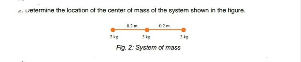 2. Determine the location of the center of mass of the system shown in the figure.
0.2 m
0.2 m
2 kg
3 kg
3 kg
Fig. 2: System of mass
