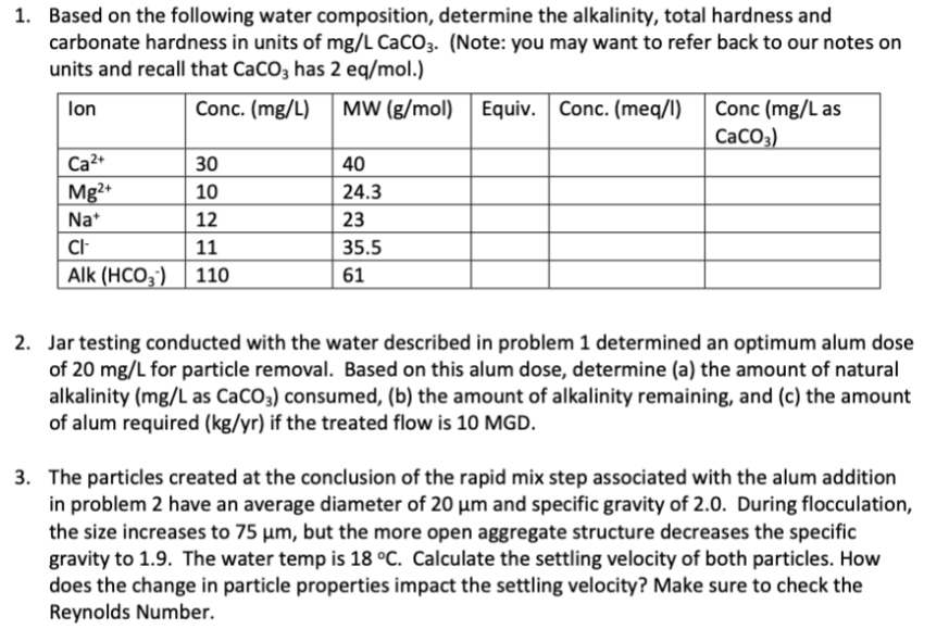 1. Based on the following water composition, determine the alkalinity, total hardness and
carbonate hardness in units of mg/L CaCO3. (Note: you may want to refer back to our notes on
units and recall that CaCO3 has 2 eq/mol.)
lon
Conc. (mg/L) MW (g/mol) Equiv. Conc. (meq/l)
Ca²+
Mg2+
Na+
12
CI-
11
Alk (HCO3) 110
30
10
40
24.3
23
35.5
61
Conc (mg/L as
CaCO3)
2. Jar testing conducted with the water described in problem 1 determined an optimum alum dose
of 20 mg/L for particle removal. Based on this alum dose, determine (a) the amount of natural
alkalinity (mg/L as CaCO3) consumed, (b) the amount of alkalinity remaining, and (c) the amount
of alum required (kg/yr) if the treated flow is 10 MGD.
3. The particles created at the conclusion of the rapid mix step associated with the alum addition
in problem 2 have an average diameter of 20 µm and specific gravity of 2.0. During flocculation,
the size increases to 75 μm, but the more open aggregate structure decreases the specific
gravity to 1.9. The water temp is 18 °C. Calculate the settling velocity of both particles. How
does the change in particle properties impact the settling velocity? Make sure to check the
Reynolds Number.