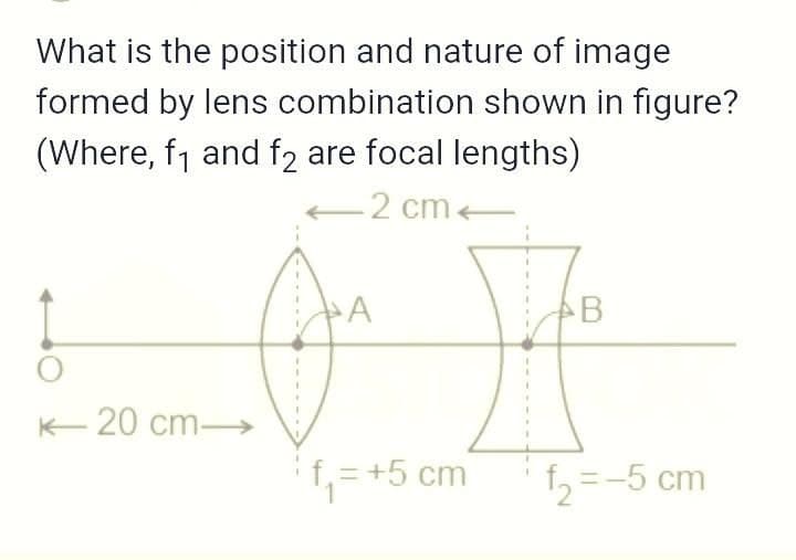 What is the position and nature of image
formed by lens combination shown in figure?
(Where, f1 and f2 are focal lengths)
2 cm+
B
K- 20 cm-
if,= +5 cm
1, =-5 cm

