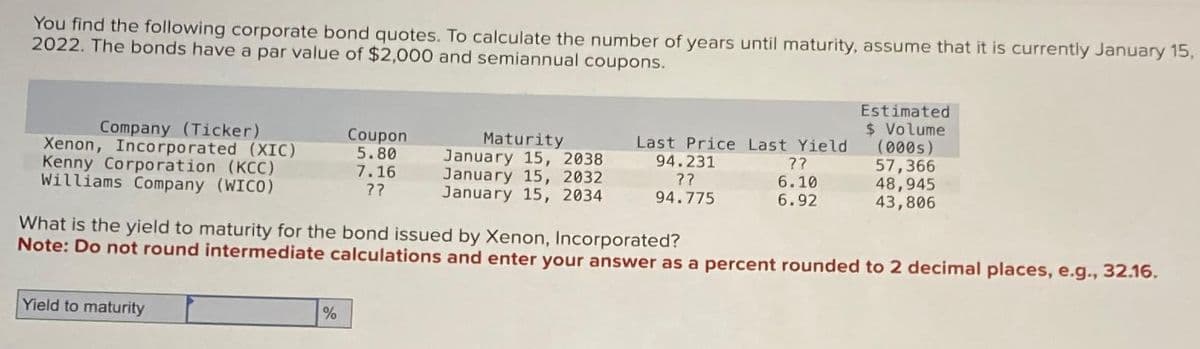 You find the following corporate bond quotes. To calculate the number of years until maturity, assume that it is currently January 15,
2022. The bonds have a par value of $2,000 and semiannual coupons.
Company (Ticker)
Xenon, Incorporated (XIC)
Kenny Corporation (KCC)
Williams Company (WICO)
Yield to maturity
Coupon
5.80
7.16
??
%
Maturity
January 15, 2038
January 15, 2032
January 15, 2034
Last Price Last Yield
94.231
??
??
6.10
94.775
6.92
What is the yield to maturity for the bond issued by Xenon, Incorporated?
Note: Do not round intermediate calculations and enter your answer as a percent rounded to 2 decimal places, e.g., 32.16.
Estimated
$ Volume
(000s)
57,366
48,945
43,806