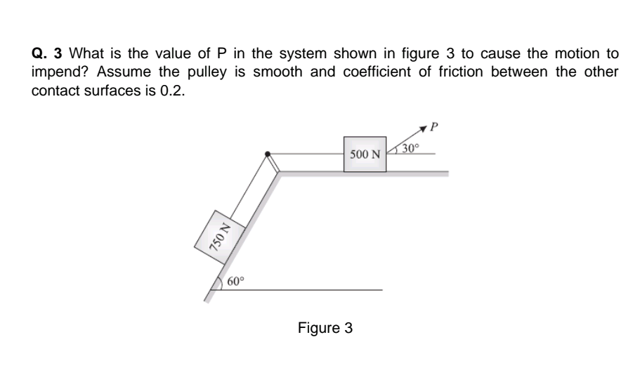 Q. 3 What is the value of P in the system shown in figure 3 to cause the motion to
impend? Assume the pulley is smooth and coefficient of friction between the other
contact surfaces is 0.2.
500 N
30°
60°
Figure 3
750 N
