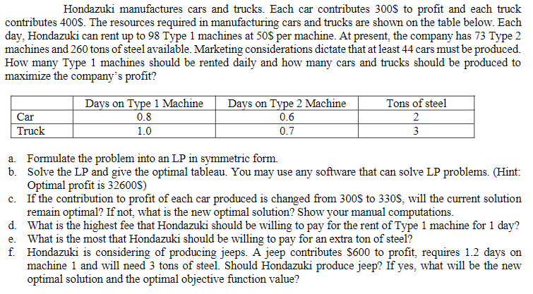 Hondazuki manufactures cars and trucks. Each car contributes 300S to profit and each truck
contributes 400$. The resources required in manufacturing cars and trucks are shown on the table below. Each
day, Hondazuki can rent up to 98 Type 1 machines at 50$ per machine. At present, the company has 73 Type 2
machines and 260 tons of steel available. Marketing considerations dictate that at least 44 cars must be produced.
How many Type 1 machines should be rented daily and how many cars and trucks should be produced to
maximize the company's profit?
Days on Type 1 Machine
Days on Type 2 Machine
Tons of steel
Car
0.8
0.6
2
Truck
1.0
0.7
3
a. Formulate the problem into an LP in symmetric form.
b. Solve the LP and give the optimal tableau. You may use any software that can solve LP problems. (Hint:
Optimal profit is 32600S)
c. If the contribution to profit of each car produced is changed from 300S to 330S, will the current solution
remain optimal? If not, what is the new optimal solution? Show your manual computations.
d. What is the highest fee that Hondazuki should be willing to pay for the rent of Type 1 machine for 1 day?
e. What is the most that Hondazuki should be willing to pay for an extra ton of steel?
f. Hondazuki is considering of producing jeeps. A jeep contributes $600 to profit, requires 1.2 days on
machine 1 and wvill need 3 tons of steel. Should Hondazuki produce jeep? If yes, what will be the new
optimal solution and the optimal objective function value?

